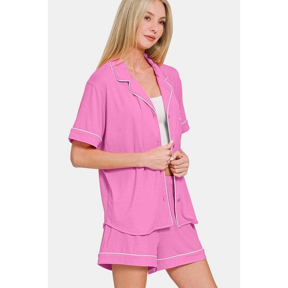 ZENANA Mauve Pink Button Down Short Sleeve Top and Shorts Pajamas Lounge Set - Picture 2 of 5